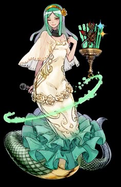 a drawing of a woman in a white dress with green hair and an elaborate headpiece