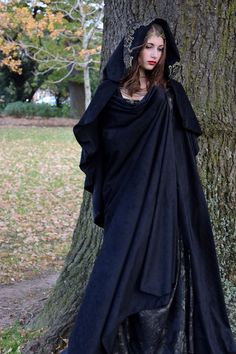 Cloak and Dress by Ann Zi of https://www.facebook.com/Shimmery.Dress.Hire Model: Jenna Dress With Hooded Cape, Fantasy Witch Cloak, Sorceress Cloak, Female Medieval Cloak, Dress And Cloak, Medieval Cloak Woman, Cloaked Figure From Behind, Black Cloak Costume Ideas, Cloak From Behind