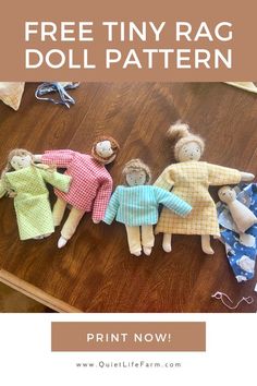 three dolls laying on top of each other with text overlay that reads free tiny rag doll pattern
