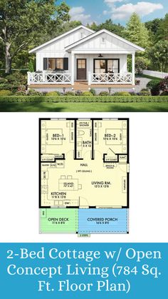 the two bedroom cottage with open floor plan is shown in blue and white, it has an