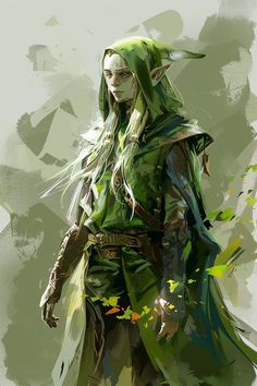 a digital painting of an elf with green hair