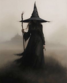 a woman dressed as a witch holding a staff and wearing a black hat, standing in a foggy field