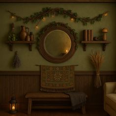 there is a mirror and some shelves on the wall in this living room with candles