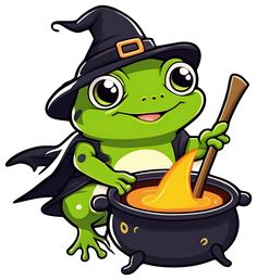 a cartoon frog dressed as a witch stirring a caulder