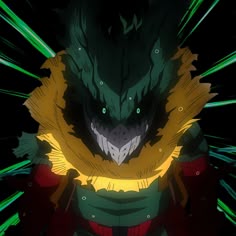 an anime character with green eyes and yellow hair, standing in front of a black background