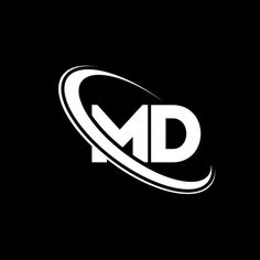 the letter m and d are connected by an oval shape with two intersecting lines in it