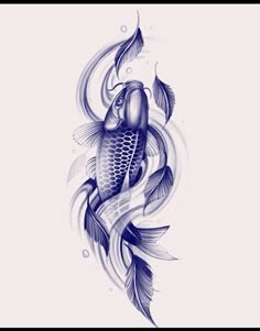 a fish with leaves on it's side and water droplets around the body, in blue