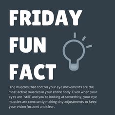It's true! Even when you're staring off into space, your eye muscles are constantly working hard to keep your vision focused and clear. So the next time someone asks you what you're doing, you can tell them that you're giving your eye muscles a workout! Happy Friday, everyone! #eyecaretips #eyecare #eyehealth #eyehealthtips Eye Care Humor Ideas, Optometry Word Of The Day, Optometry Slogans For Posters, Optometry Humor Poster, Optometrist Marketing Ideas, Optometry Marketing Materials, Optometry Marketing, Optometry Joke Graphic, Optometry Facts