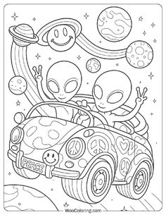an alien coloring page with two aliens in a car and planets on the back ground