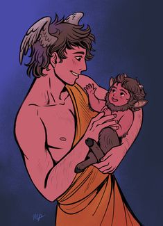 a man holding a baby in his arms with an angel on it's back