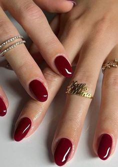 Nails 2024 Color Trends, Gel Manicure Red, Natural Nails Red, Expensive Nail Colors, Round Nails Red, Rouge Nails, Deep Red Round Nails, Timeless Red Ruby Ring, Short Red Oval Nails