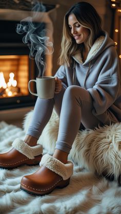 Living for this shearling-lined clogs look! Paired with leggings + an oversized hoodie on a plush rug by the fire. Steam from a mug adds hygge magic—pin this cozy US woman aesthetic for lazy winter days! 🧣✨ #ClogGoals #WinterComfort #CozyInterior #HyggeLife Fur Rug, Faux Fur Rug, Winter Comfort, Shoe Addict, Trendy Shoes, Shoe Game, Red Shoes, Mule Clogs, Bridal Shoes