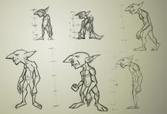 sketches of various poses of an alien character