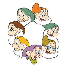 the seven dwarfs from snow white and seven dwarfs in a circle with their heads together