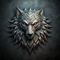 a wolf's head with orange eyes on a black background