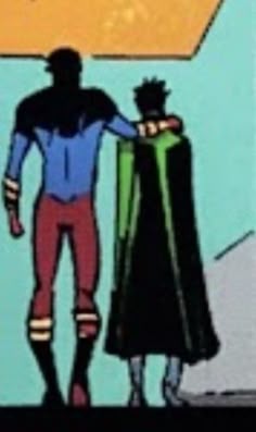 an animated image of a man in a cape standing next to another man with his arm around him