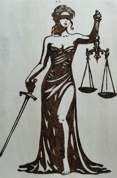 a drawing of a lady justice holding two scales
