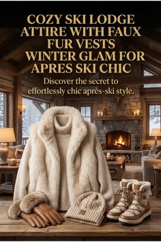 A stylish person wearing a cozy, textured faux fur vest over warm knitwear, perfect for apres ski chic settings inside a warm ski lodge. This image shows inspiration for great winter glam layering and cozy ski lodge attire.