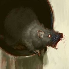 a rat is sitting in a bucket with its mouth open and it's eyes glowing