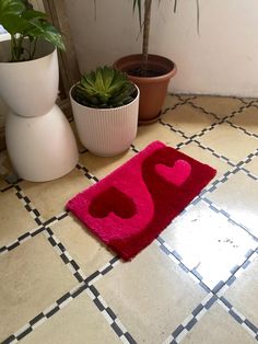 a red rug sitting on top of a tiled floor next to potted plantes