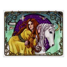 a painting of a woman sitting on top of a white horse in front of a purple background