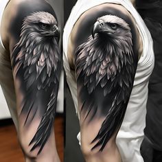 an eagle tattoo is shown on the arm and back of a man's arm