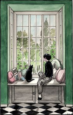 a drawing of a person sitting on a window sill next to a black cat