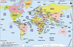 the world map with countries and major cities in each country's capital, which is located