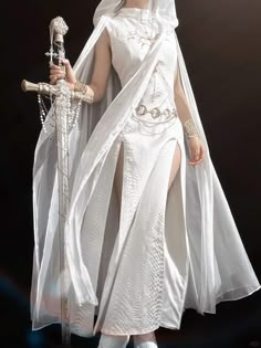 White And Gold Flowy Dress, White Dress With Shawl, Fantasy Clothing White, White Fantasy Costume Dress, White Vampire Dress, White Fantasy Dress, Gothic White Dress, White Robes Fantasy, White Dress With Hood