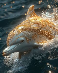 a white dolphin with gold accents swimming in the ocean on its back legs and it's head sticking out of the water