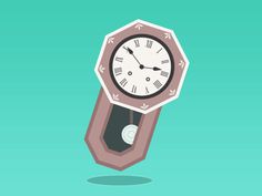 an animated clock is flying through the air on a green and blue background, with space for text