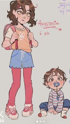 a drawing of two children with one holding a pacifier