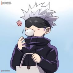 a cartoon character is holding a bag and blowing bubbles in his mouth while looking at the camera