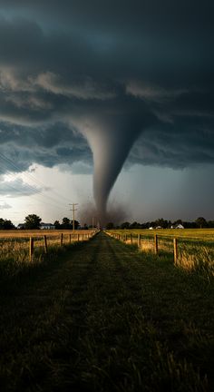 a large tornado is coming down the side of a road