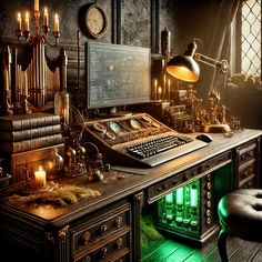 an old fashioned desk with a computer and keyboard