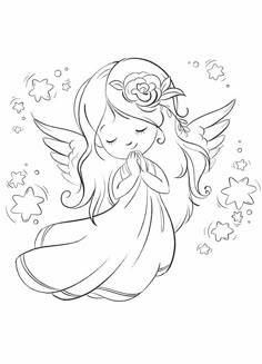 Cute Angel Drawing Easy, Printable Angel Drawing, Angel Coloring Pages For Kids, Cute Angel Coloring Pages, Cartoon Angel Outline, Angel Coloring Page Outline, Christmas Angel Drawing Easy, Diy Angel Coloring Page, Angel Mandala Coloring Page
