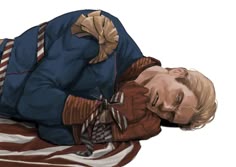 a drawing of a man laying on the ground with an american flag draped over him