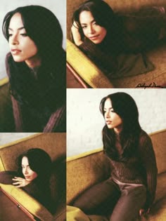 four different pictures of a woman sitting on a couch with her hand under her chin