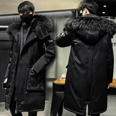 Long Sleeve Down Techwear Outerwear, Fluffy Coat Men, Fall Street Fashion, Techwear Winter Coat, Techwear Long Coat For Winter, Winter Clothing, Big Coat, Techwear Parka With Detachable Hood, Winter Techwear Hooded Jacket With Double-lined Hood