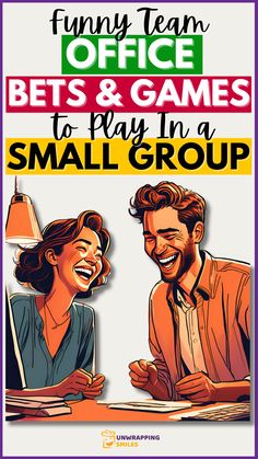 a man and woman sitting at a table with the words funny team office bet's & games to play in a small group