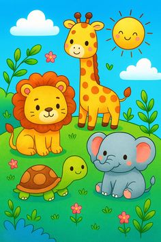 a painting of animals and giraffes in the grass