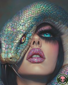 a painting of a woman with a snake on her shoulder and eyes covered in glitter