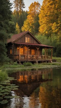 a log cabin sitting on top of a lake surrounded by trees