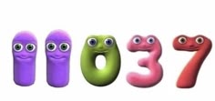 the number seven is made up of three different colored plastic objects with eyes and mouths