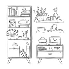 two shelves with books, plants and other things on them in black and white ink