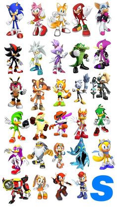 sonic the hedgehog and other cartoon characters are shown in various poses, from front to back