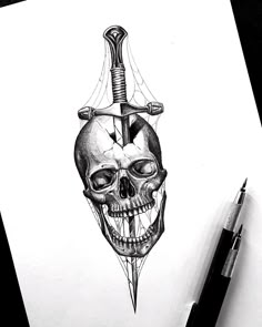Skull Knife Drawing, Skull And Knife Drawing, Skull With Knife Through It Tattoo, Skull Knife Tattoo Design, Skull With 2 Swords, Knife Through Skull Tattoo, Skull And Dagger Tattoo, Skull And Dagger Drawing, Skull And Dagger Tattoo Design