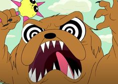 an angry dog with its mouth wide open and his tongue out, holding up two fingers in the air