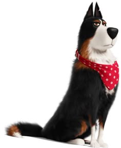 a black and white dog wearing a red polka dot bandana sitting on the ground