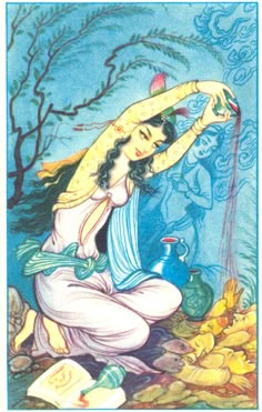 a woman sitting on the ground in front of a tree and holding her hand over her head